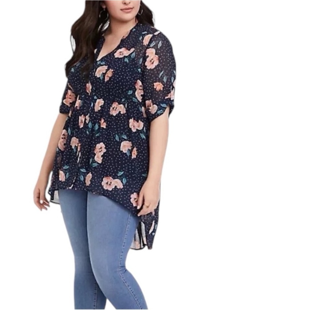 Torrid Blouse Floral High Low Sheer Tunic Top Shirt 5 5x